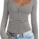 2 x BTFBM Fall Sweaters for Women 2025 Lightweight Long Sleeve Henley Shirts Button Up Knit Basic Slim Fit Going Out Tops (Gray, XXL)