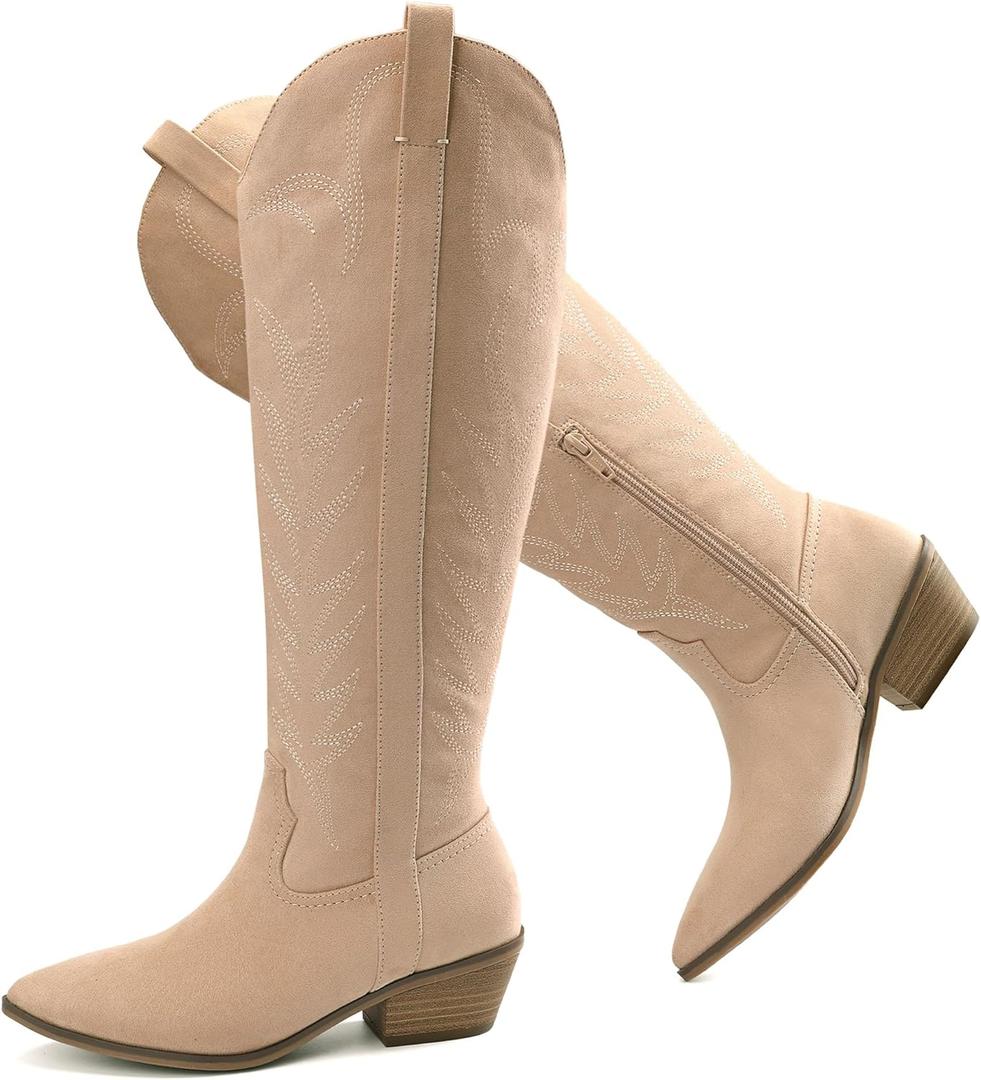 Bigwow Women's Western Cowboy Knee-High Boots Suede Embroidery Pointed Toe Tall Boots Side Zipper Low Chunky Heel Long Boots for Ladies