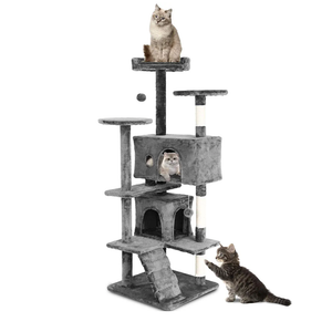 Cat Trees Towers for Large Cats 54" Tall - Cat House with Scratching Posts, Cozy Condo, Bed Cave, Climbing Ladder & Pom Pom Toys - Cat Furniture - Ashy Gray