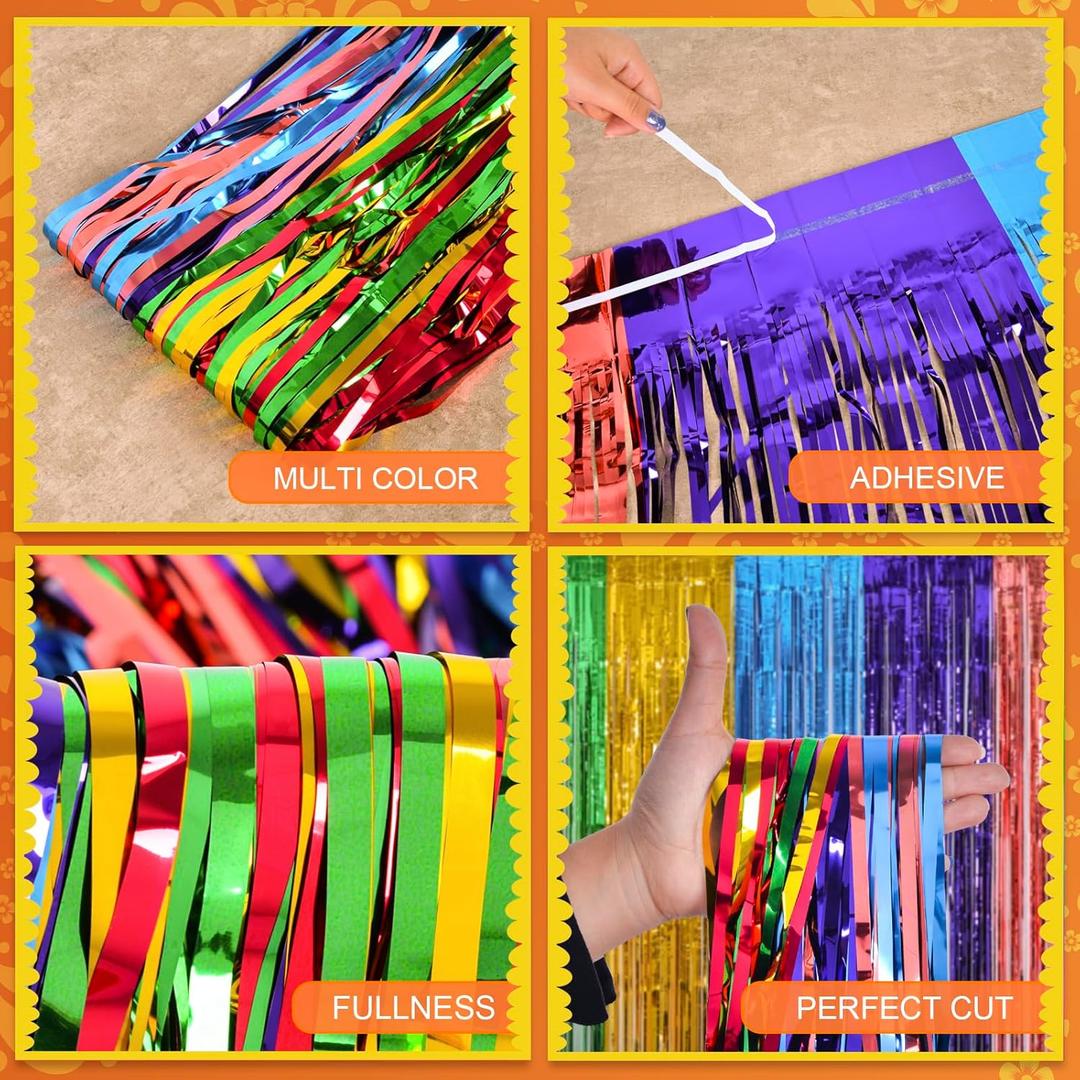 Mega-L Fiesta Party Decorations, 2 Pack Day of The Dead Foil Fringe Curtains Backdrop, 3.3x6.6ft Mexican Themed Tinsel Streamers,Taco Party Photo Booth Props, Dia De Los Muertos Cinco de Mayo Decor