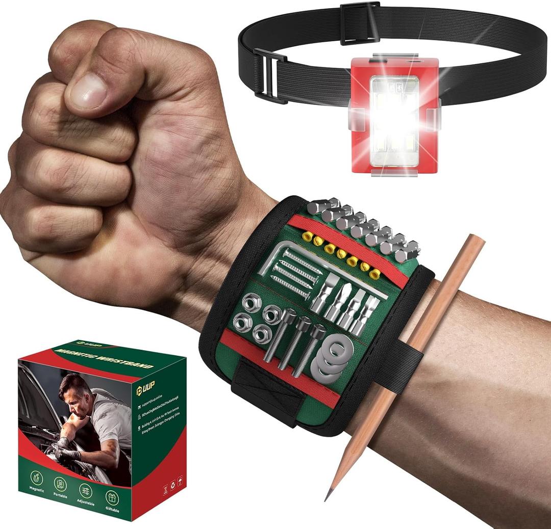 Magnetic Wristband, Tool Belt Wrist Band with LED Light, 15 Powerful Magnet, Adjustable Wrist Screws Holder, Stocking Stuffers for Men, Birthday Gifts for Dad, Him, Mechanics, Woodworker, Handyman (13x3.5 in)