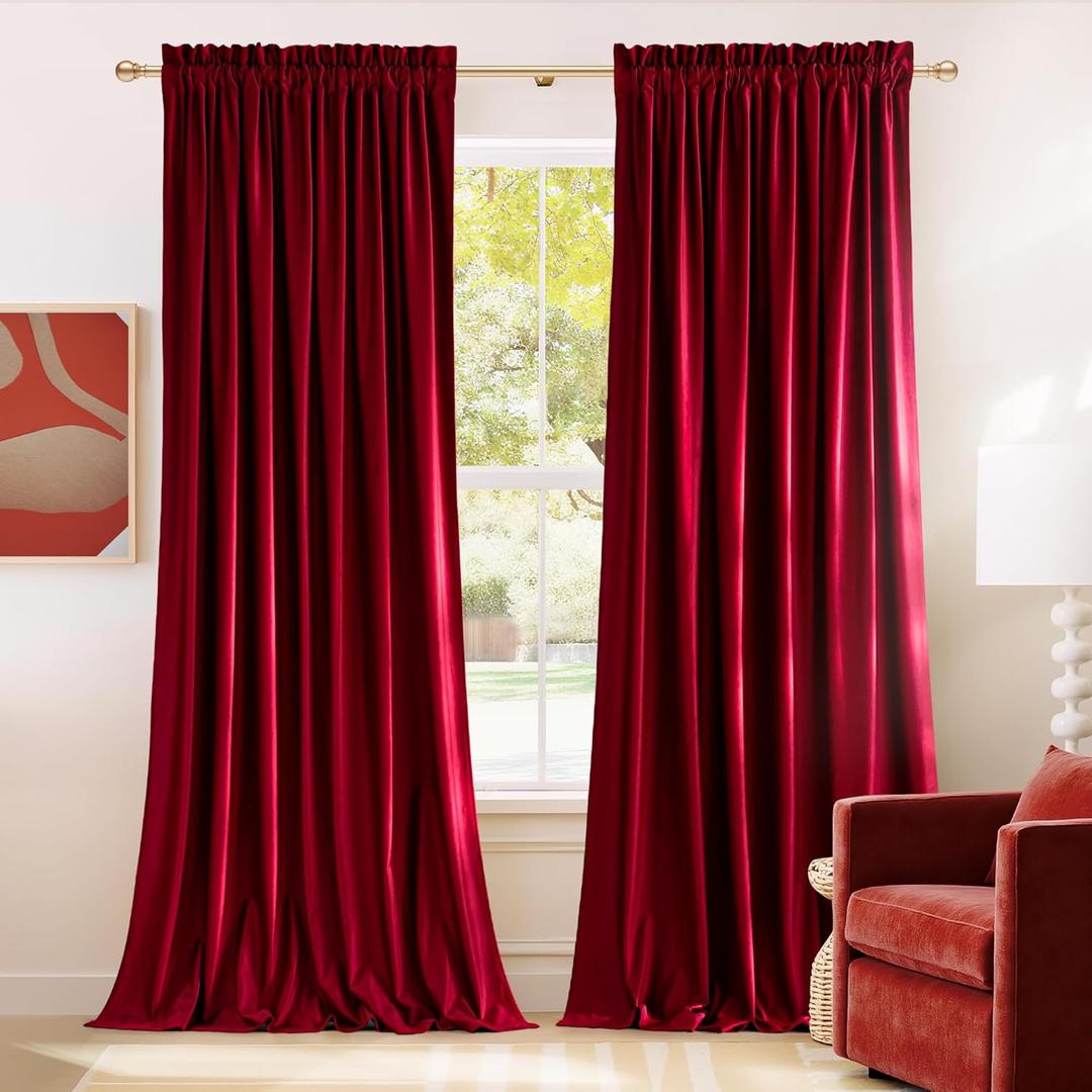 NICETOWN Christmas Red Velvet 108 inch Curtains and Drapes, Blackout Extra Long Elegant Wall Backdrop Drapes for Holiday Season Home Decoration (52x108, Set of 2, Rod Pocket Design)