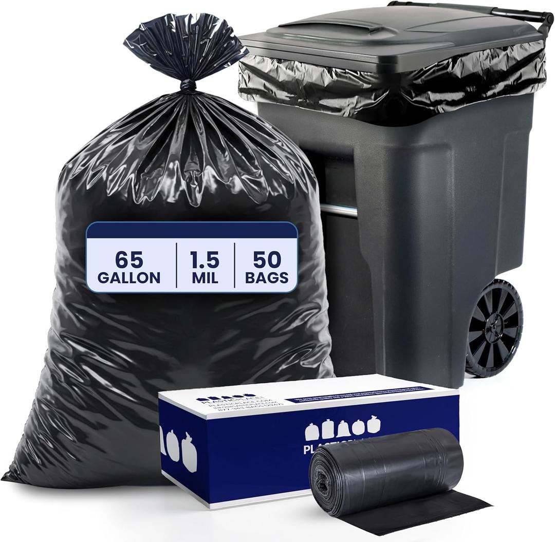 Plasticplace 65 Gallon Trash Bags 1.5 Mil Black Heavy Duty Garbage Can Liners 50 x 48 (50 Count)