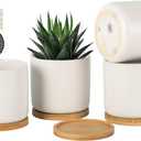 OMAYKEY 4 Inch Ceramic Plant Pot with Saucer, White Planters Pots with Drainage Hole and Mesh Pads for Succulent, Snake, Cactus, Herbs - 4 Packs(Plant Not Included)