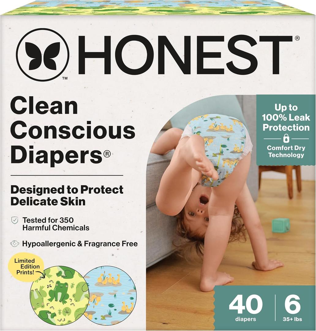 The Honest Company Clean Conscious Diapers®, Up to 100% Leak Protection, Designed to Protect Delicate Skin, Hypoallergenic + Fragrance-Free, UR Ribbiting + Waddle It Be, Club Box, Size 6, 40 Count