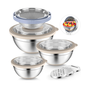P&P CHEF Mixing Bowls with Lids Set of 3, Stainless Steel Mixing Bowl and Colander for Kitchen, 3 Grater Attachments & Non-Slip Bottoms, Visible & Airtight Lid, Khaki