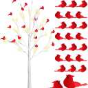 Riceshoot 25 Pcs 47.24 Inches LED Lighted Birch Tree with 24 Christmas Cardinal Birds Ornament Red Artificial Birds with Clip Lighted Birch Tree Christmas Table Centerpiece for Xmas Home Decoration