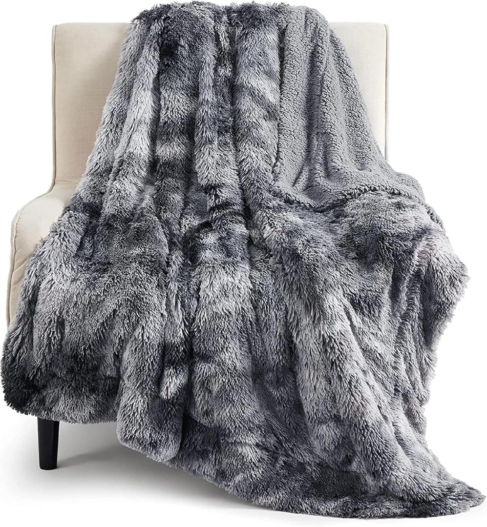 Bedsure GentleSoft Fluffy Fuzzy Faux Fur Throw Blanket for Couch, Soft Sherpa Fleece Cozy Gifts for Women, Plush Bed Blanket Christmas Room Decor for Men, Thick Warm Minky Teen Gifts Winter Bedding (01- Tie Dye Grey, Throw (50" x 60"))