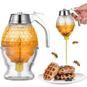 Glass Honey Dispenser 8 Ounces - Drip-Free Honey Jar With Glass Stand, Kitchen Leak-Proof Syrup Dispenser, Elegant Honeycomb Design For Storing Honey, Maple Syrup And Coffee Syrup