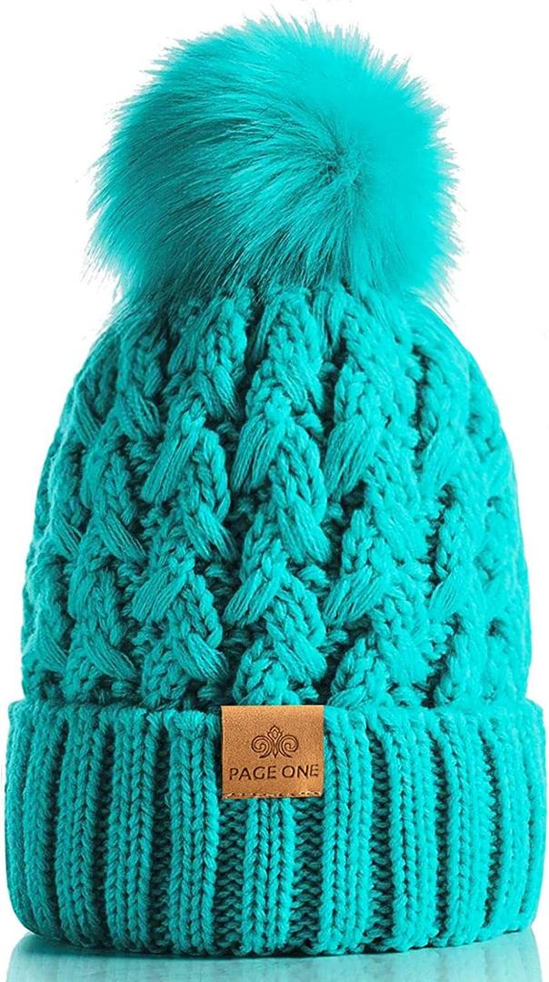 2 x PAGE ONE Womens Winter Ribbed Beanie Crossed Cap Chunky Cable Knit Pompom Soft Warm Hat (Green)