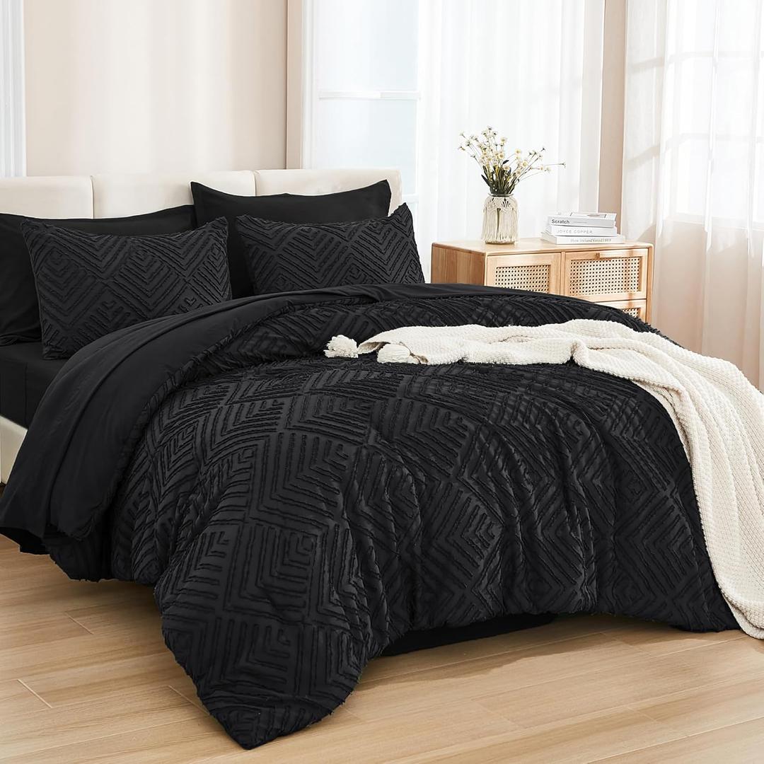 Andency King Size Comforter Set 7 Pieces Black - Bed in a Bag King Boho Lightweight Fluffy Tufted Bedding Sets with Comforter, Sheets, Pillowcases & Shams (King (104"x90"))