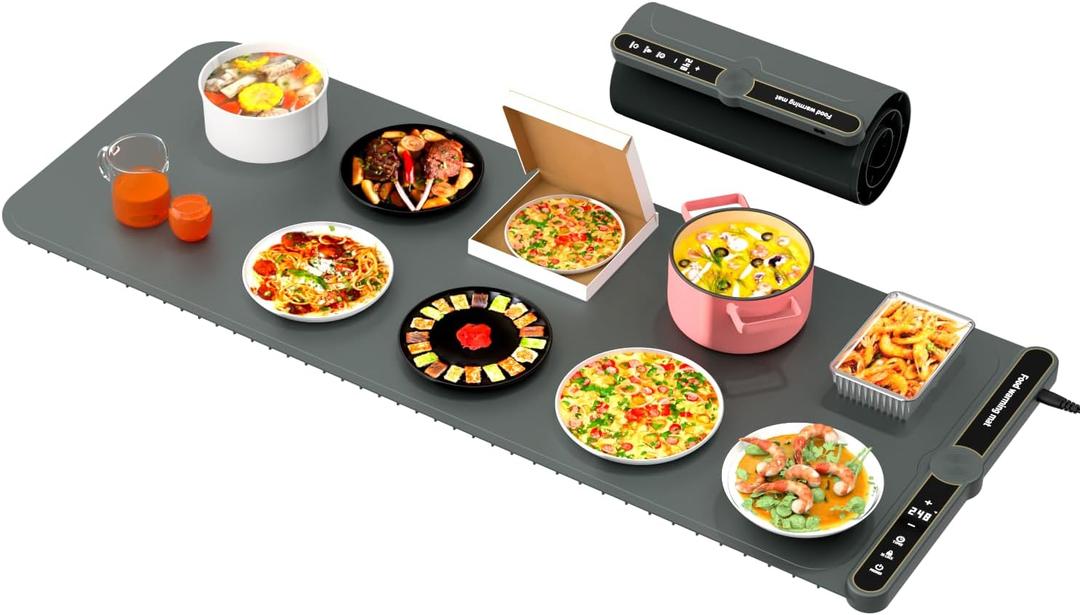 Extra Large Warming Mat for Food XXL:40X15 Soft Electronic Food Warmers for Parties Buffet Silicone Food Warming Mat 6-Level Timer 9-Level Temp Control 18H Auto-Off 8S Fast Heating Grey