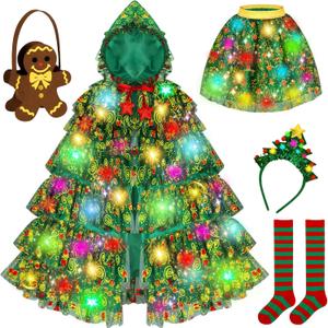 Christmas Tree Costume Kids,Hooded Cape & Skirt Dress Up Set,Princess Cape,Kid Christmas Outfits,Light Up Outfit with Gingerbread Bag & Socks,Christmas Costumes for Kids Ages 3-8 Multicolor