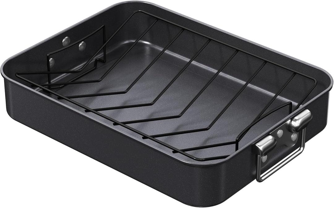CHEFMADE Roasting Pan, 16-Inch Non-Stick Turkey Roaster Lasagna Pan with Rack - Rectangular Deep Dish Chicken Roaster Pan 16.3" x 12.52" x 3.11"(Black)