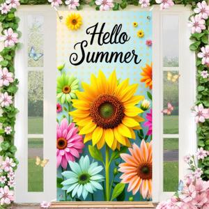 Hello Summer Door Cover for Door Decorations Sunflower Door Banner Backdrop Summer Seasonal Porch Front Photo Background for Outdoor Decor Supplies 71 x 35 Inch