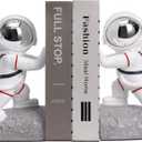 Space Theme Bookends - Astronaut Kids Book Stoppers, Heavy Duty Resin Bookends for Shelves (D-Silver Color)