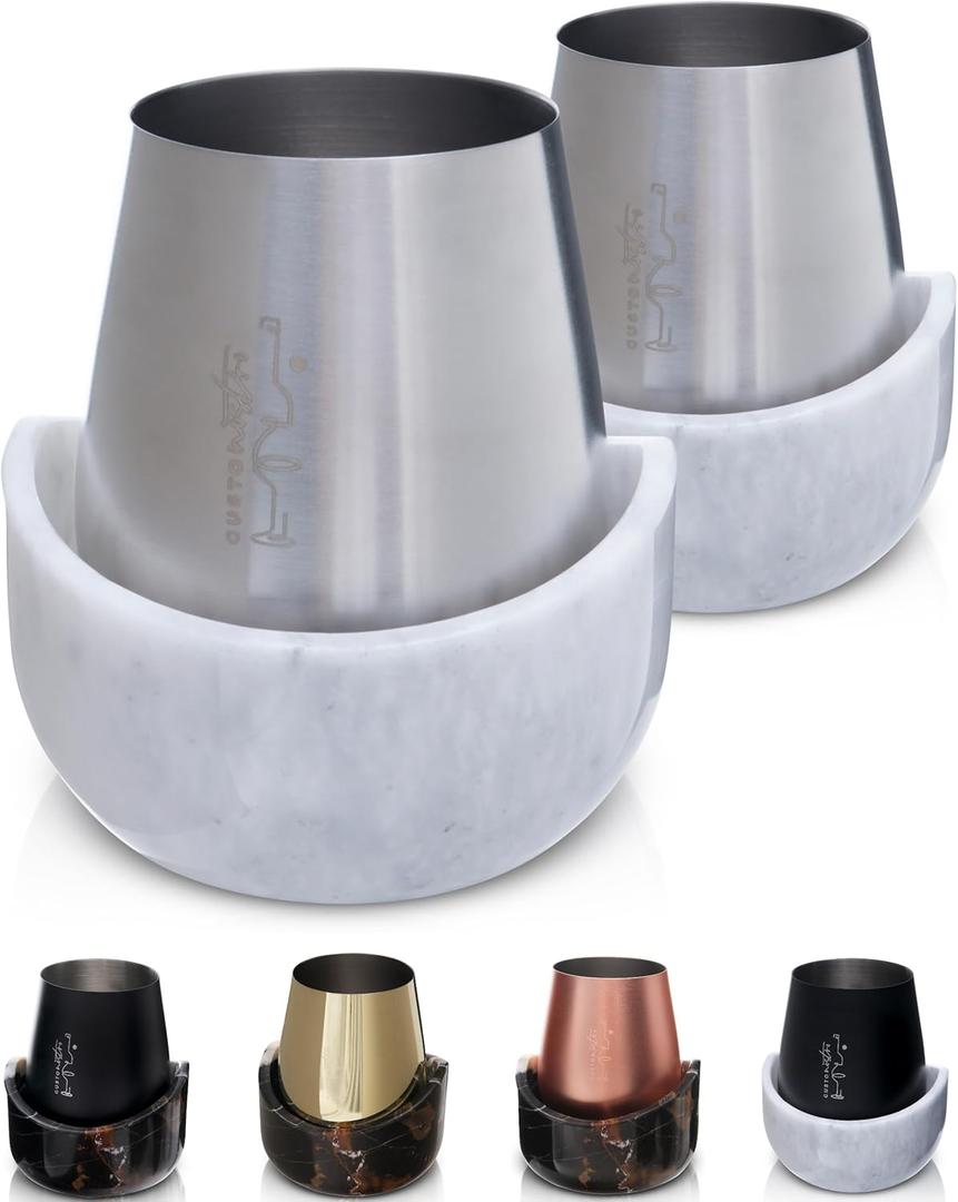 Gusto Nostro White Marble Wine Chiller for Glass and Stainless Steel Tumbler Set of 2 - Freezable Wine Glass Chiller Holder - Cool Set of Chillers and Stemless Metal Wine Tumblers for HomeBar (Silver)
