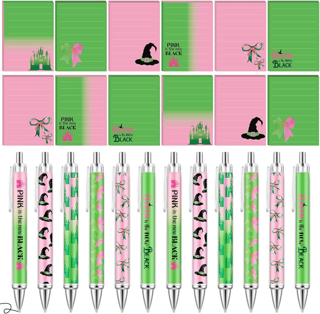 24 Pcs Pink and Green Witch Party Favors Notepads with Pens Cute Self Stick Notes Ballpoints for Witch Lover Birthday Party Gifts Favors
