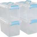 Ggbin 6 Quart Plastic Storage Box with Lid, Clear Latching Organizer Bin, 4 Packs (Blue Handle)