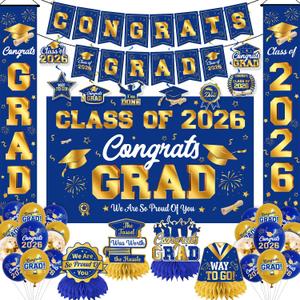 Graduation Decorations 2026 Blue and Gold Graduation Party Decor Set include Congrats Grad Banner Backdrop Class of 2026 Balloons Party Supplies