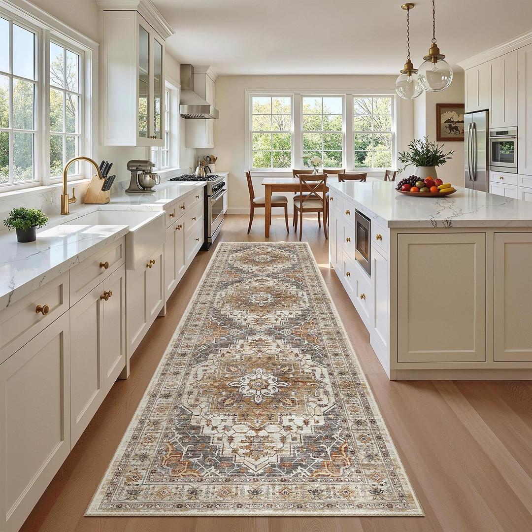Madane Hallway Runner Rug 2'6''x10' Kitchen Runner, Non Slip Vintage Runners for Hallways Washable Kitchen Rugs Soft Low Pile 2.5x10 ft Rug Runner for Laundry Room, Entryway and Bedroom, Turmeric/Grey