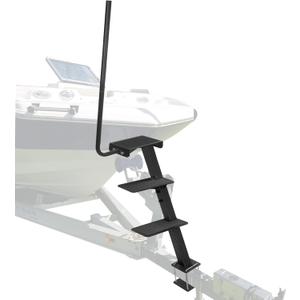 Boat Trailer Step, Heavy Duty Steel 3 Steps Ladder for Boat Trailer Tongue with Left or Right Adjustable Handrail, 450lbs Capacity, Black