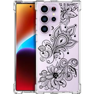 Compatible with Samsung Galaxy S23 Ultra Cases with Design, Cute Transparent Phone Case for Women Girls Girly with Heavy Duty Protective Bumper (Clear Black Henna Flower)