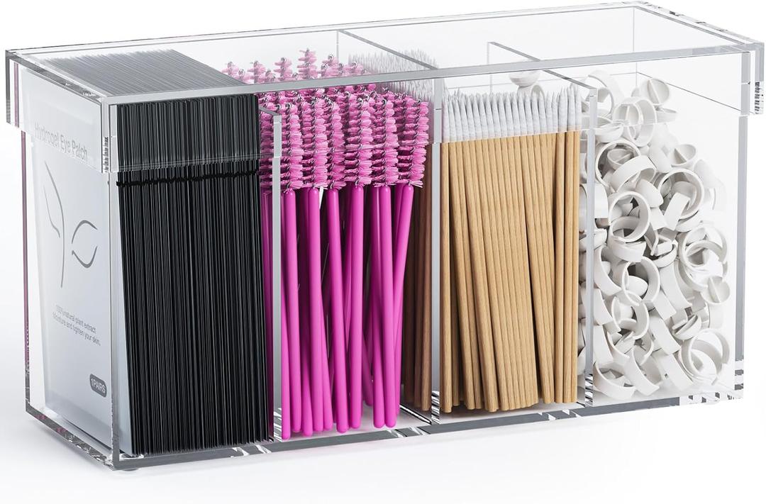 Lash Extension Organizer with Lid, Acrylic Lash Organizer for Lash Techs, Lashes Supplies Container for Vanity with Anti-Slip Pads, Clear Storage Box for Eyelash Tools Makeup Brush Hair Accessories