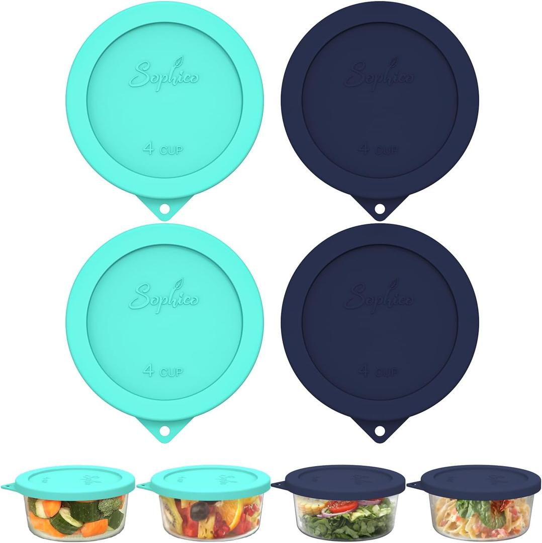 Sophico 4 Cup Round Silicone Storage Cover Lids Replacement for Anchor Hocking and Pyrex 7201-PC Glass Bowls (Container not Included) (Navy blue-Mint) 4 Pack