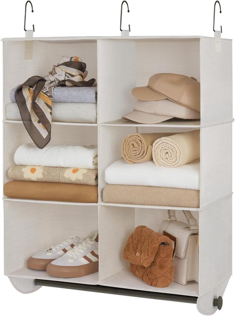 StorageWorks Hanging Closet Organizer with Garment Rod, 6-Section Clothes Storage for Closet, 24 " L x 12 " W x 33 " HWhite & Ivory