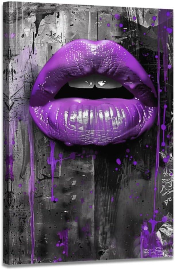 DOARTDO Purple Canvas Wall Art for Girls Bedroom Prints African American Wall Decor Purple Black and White Pictures for Lady Women Makeup Room Home Decor Framed (12.00" x 18.00")
