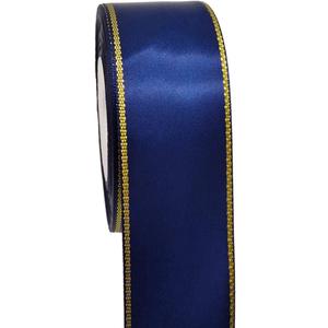 1-1/2 inch Navy Blue Satin Ribbon Roll with Golden Edge-25 Yards Glitter Wide Continuous Double Faced Boutique Ribbon for Gift Wrapping-DIY Crafts-Sparkly Party-Wedding-Baby Shower Decoration