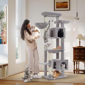 PETEPELA 69" Tall Cat Tree for Indoor Large Cats, Cat Tower for Adult Cats with Big Hammock, Cat Climbing Tree Tower with Scratching Posts, Condo House and Large Top Perch, Grey