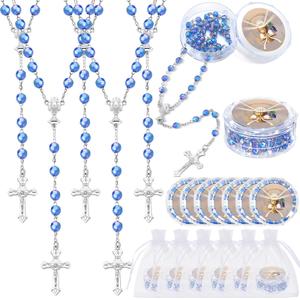 Tondiamo 24 Pcs First Holy Communion Bead Scented Rosaries for Baptism Gifts First Communion Memorial Gift for Guests Boys Girls Religious Event Beads Baptism Party Favor Primera Comunion(Blue)