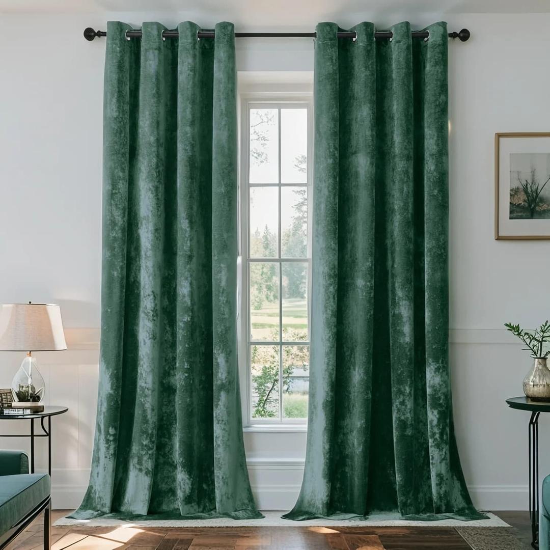 SMILETIME Forest Green Crushed Velvet Curtains 52x84 inch Luxurious Thermal Insulated Soundproof Drapes for Living Room Bedroom Office Soft and Durable Light-Filtering Window Treatments, 2 Panels