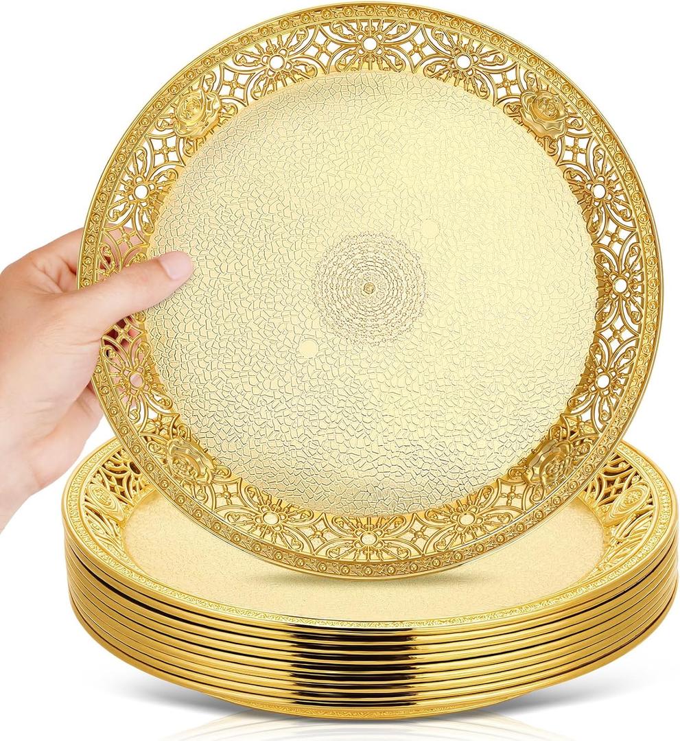 10 Pack Gold Plastic Serving Tray Bulk Lightweight Round Party Snack Serving Tray Reusable Decorative Food Appetizer Platter for Coffee Tea Dessert Fruit Wedding Party Buffet(10.6 Inch)