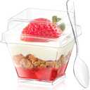 Qeirudu 2 oz Mini Dessert Cups with Lids and Spoons -100 Pack Plastic Shooter Cups for Desserts Small Square Serving Cups for Party Individual Pudding Parfait Jello Ice Cream