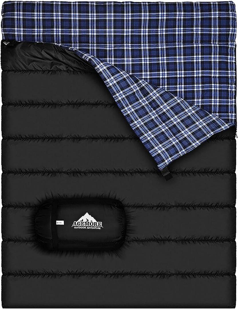 AGEMORE Cotton Flannel Double Sleeping Bag for Camping, Backpacking Or Hiking. Queen Size 2 Person Waterproof Sleeping Bag for Adults Or Teens. Lightweight with Compression Sack (Black/ Blue)