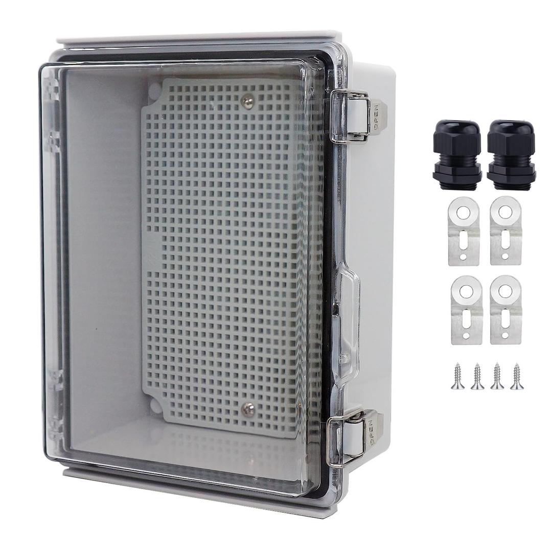 Waterproof Junction Box, ABS Plastic Electrical Box with Stainless Steel Latch, Hinged Cover Electric Project Enclosure Box with Mounting Plate, Wall Brackets & Cable Gland 8.7"x6.7"x4.3" (Clear)