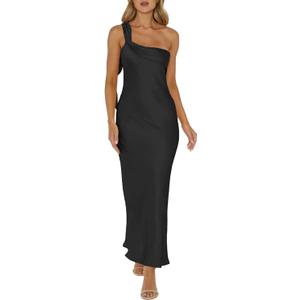 2025 Satin One Shoulder Maxi Dress for Women Summer Silk Formal Elegant Backless Ruffle Sleeveless Wedding Guest Dresses (Small, Black)