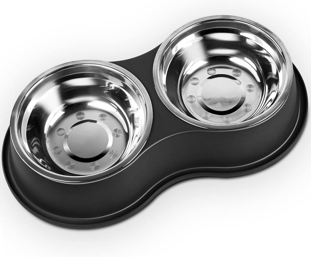 Dog Bowls Large Double Dog Water and Food Bowls Stainless Steel Bowls with Non-Slip Resin Station, Pet Feeder Bowls Food Dish for Small Medium Large Dogs Cats (Large-34oz, 1.Black)