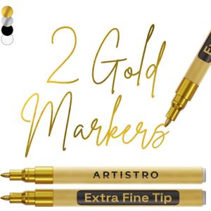 ARTISTRO 2 Acrylic Paint Pens for Rock Painting Ceramic Wood Glass Tire Plastic, Fabric Marker Paint Markers Ideal for Labeling DIY Crafts Art Projects, 0.7mm Extra Fine Tip, Gold