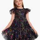Girls Sequin Dress Toddler Shiny Rainbow Stars Tulle Dresses Ruffle Sleeve Birthday Party Photo Shoot Sparkly Dresses 110