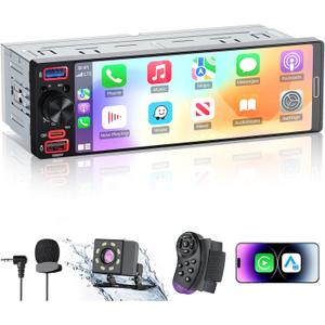 Single Din Radio Car Stereo with Apple CarPlay & Android Auto, 6.5 InCell Touchscreen Car Radio with 1080P Backup Camera, Mirror Link, Bluetooth 6.0, GPS, AM&FM, USB & Type-C Fast Charging, EQ, SWC