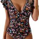 Women's One Piece Ruffle Swimsuit Tummy Control Bathing Suit V Neck Shell Stitched Swim Suit Slimming Swimwear (X-Large, Black Pink Flower)