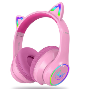 LOBKIN Bluetooth 5.3 Kids Headphones with Case - RGB LED Light Up Cat Ears Foldable Adjustable Over Ear Headphone Support Wireless or 3.5mm Wired Mode for Toddler & Girls & Boys Teens