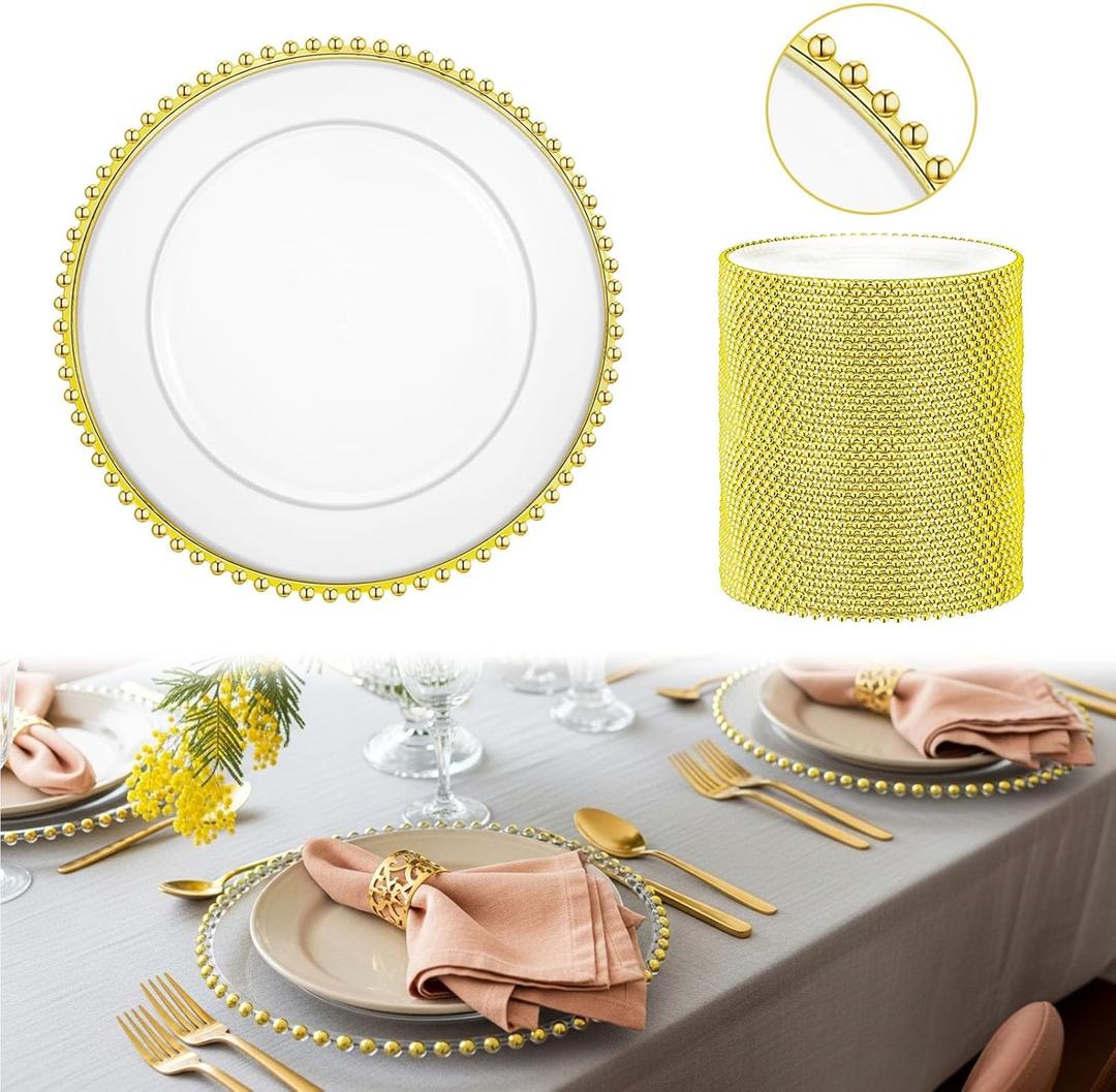 12 Pcs Clear Charger Plates with Beaded Rim 13 Inch Acrylic Gold Beaded Charger Plates Bulk for Wedding Party Dinner Birthday Table Events Decoration