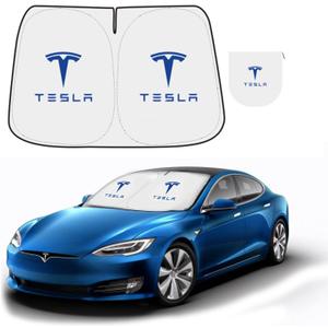 300T Sunshade for Tesla Model Y Model 3, Car Accessories 2025 for Tesla, Front Window Sunshade with Organizer Bag, Gifts for Tesla Owners (Blue)
