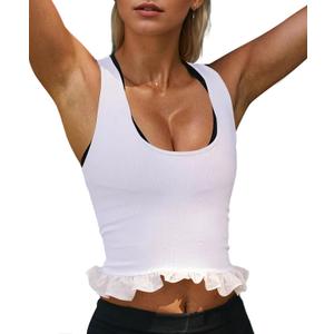 Women Ruffle Hem Racerback Workout Tank Tops Sleeveless Scoop Neck Ribbed Athletic Cami Shirts Crop Sports Tank Top White S Women Ruffle Hem Racerback Workout Tank Tops Sleeveless Scoop Neck Ribbed Athletic Cami Shirts Crop Sports Tank Top White S