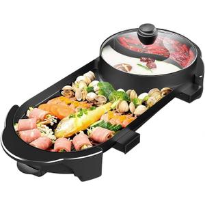 SEAAN Hot Pot with Grill, Korean BBQ Grill Indoor Hotpot Pot Electric Combo, Shabu Shabu Pot with Divider KBBQ Grill Smokeless Non-stick Separate Dual Temperature Control, for 2-12 People, 110V (Integrated)